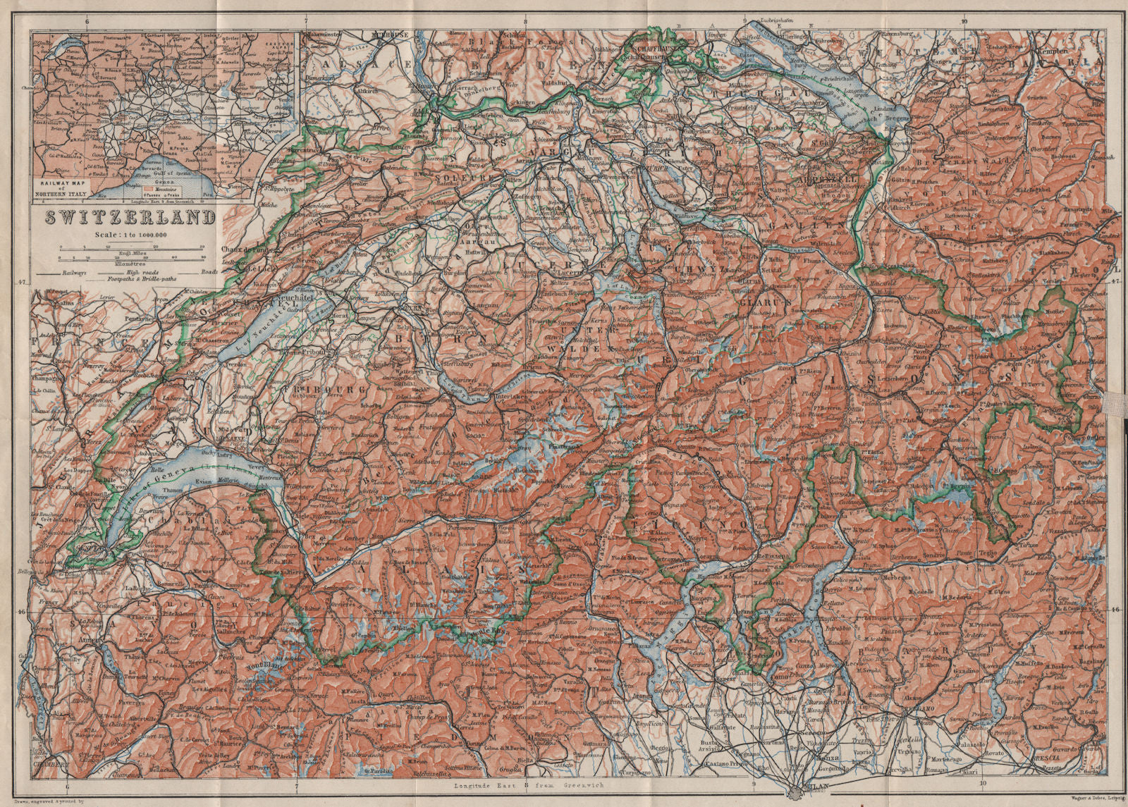Map of Switzerland Suisse Schweiz. Northern Italy railways carte karte 1909